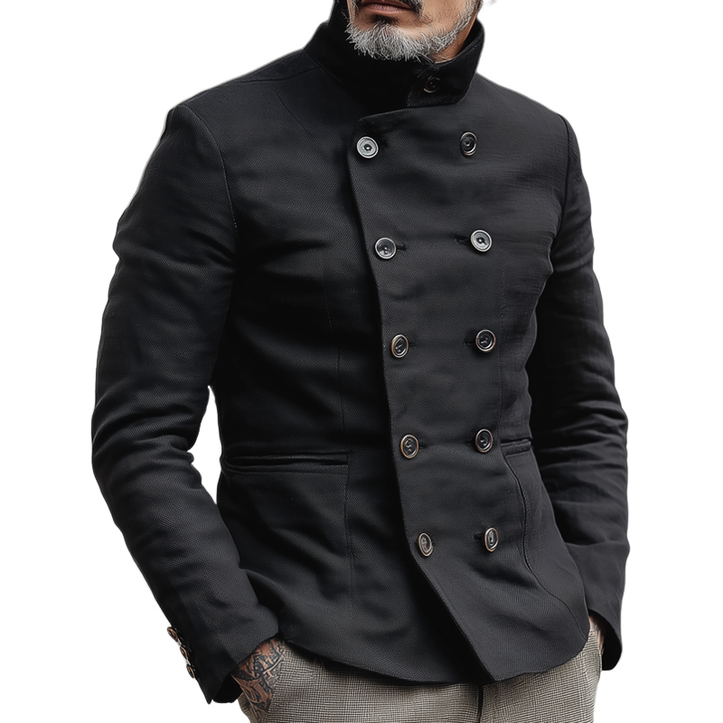 Men's Woven Cotton Stand Collar Double Breasted Jacket MTA2827H3Z