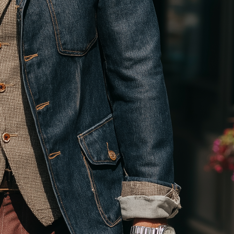 Men's Vintage Washed Distressed Denim Faux Suede Patchwork Formal Jacket MTA0270I0P