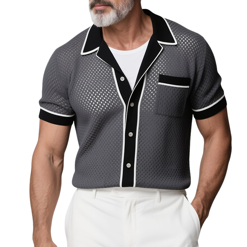 Men's Retro Casual Knitted Colorblock Lapel Short Sleeve Shirt MTA2743F2TO