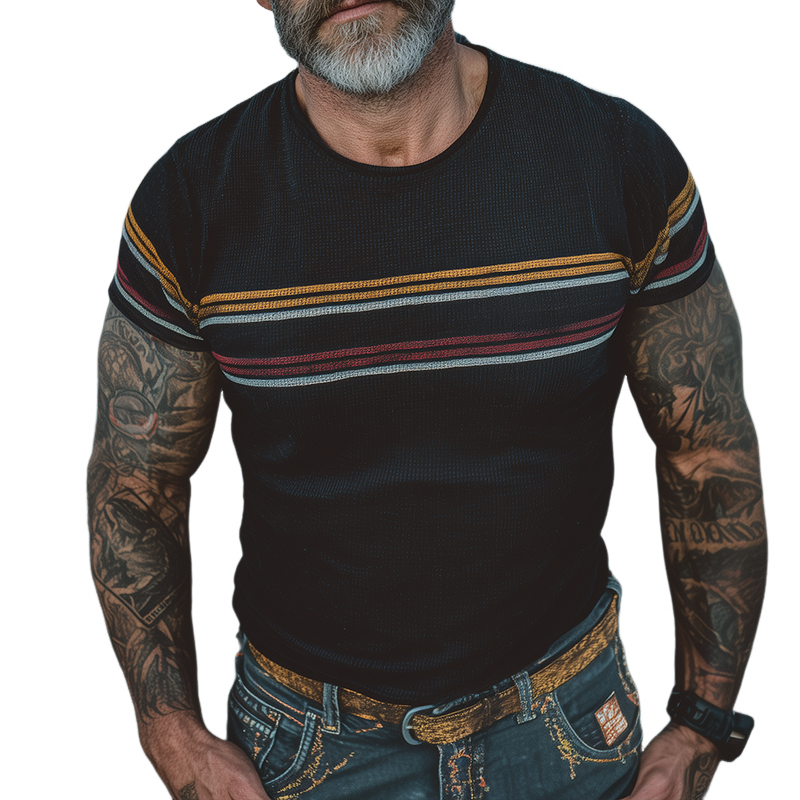 Herre retro casual stripete trykk fargeblokkert rund hals kortermet T-skjorte MTA1433G1TO