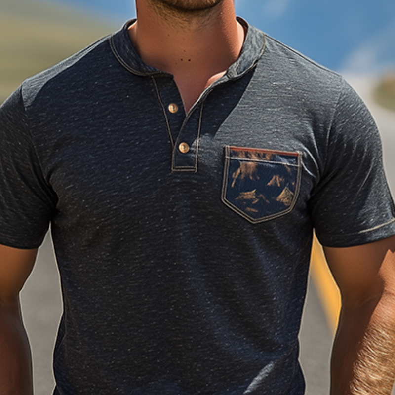 Klassisk vintage Yellowstone Park Series Henley Collar bomull T-skjorte for menn 35225610K