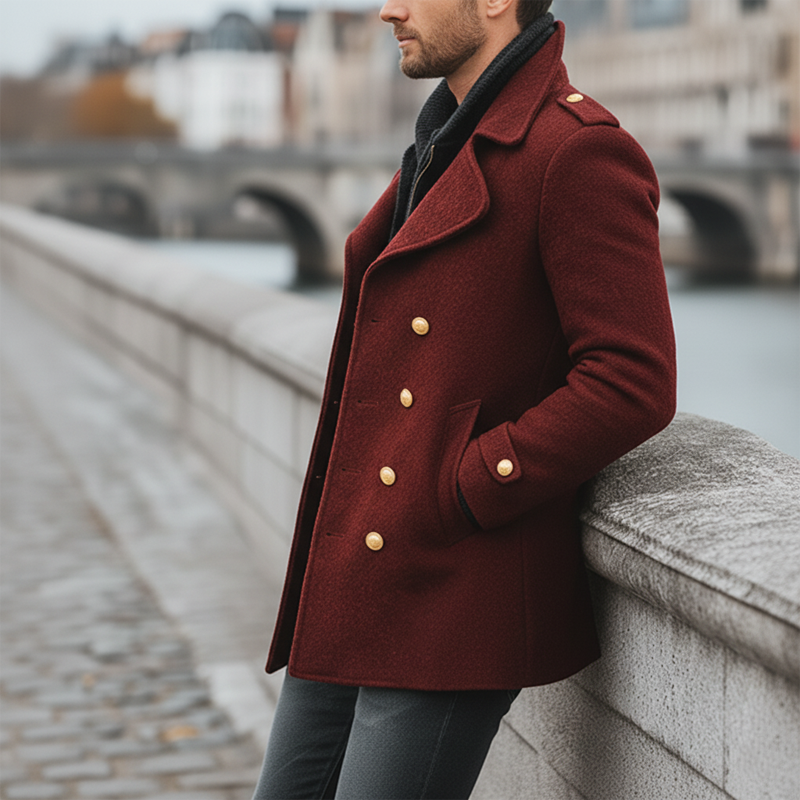 Men's Retro Dark Red Double-Breasted Faux Wool Short Coat MTA1537K9U