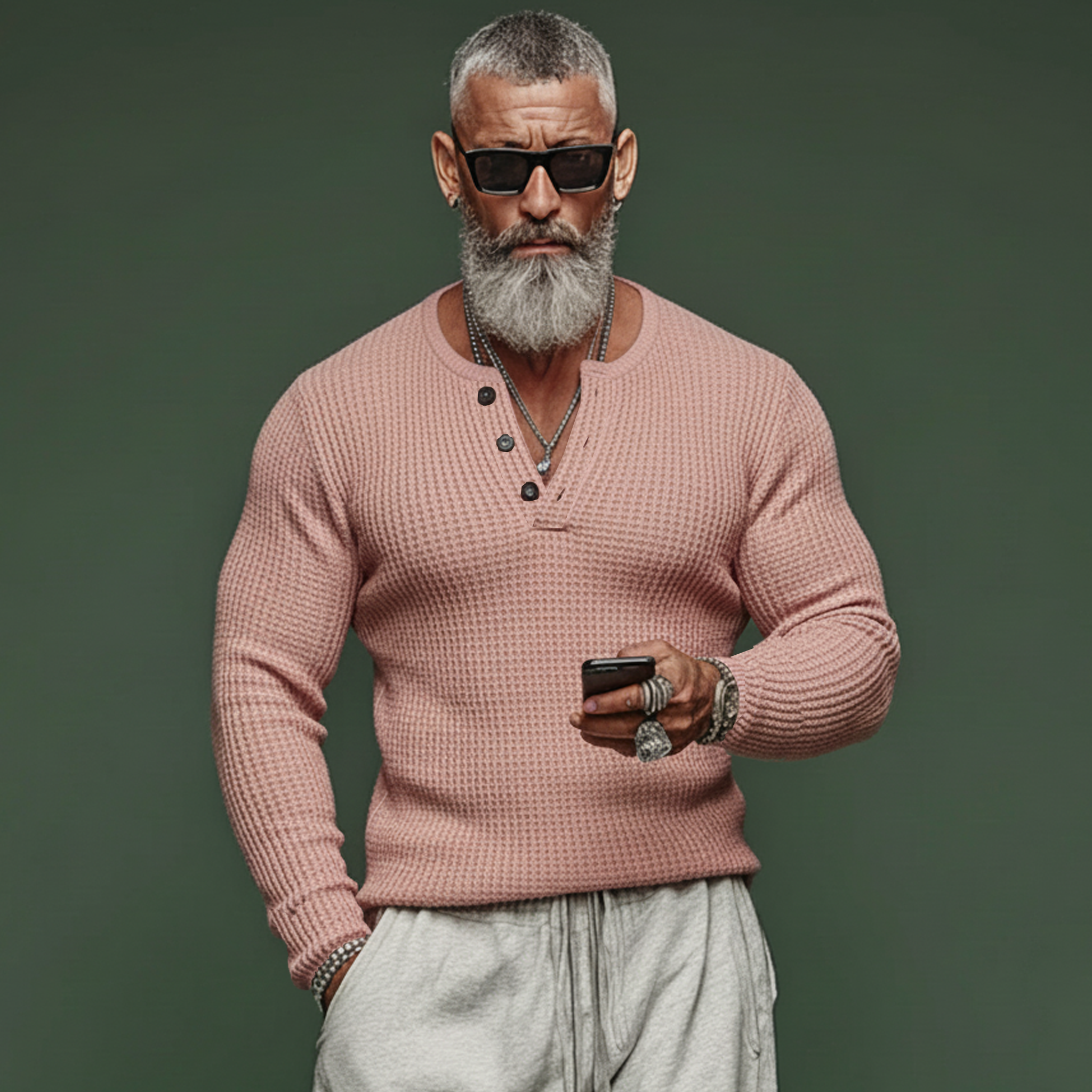 Men's Classic Casual Henley Neck Waffle Knit Long-sleeved T-shirt MTA2300L3K