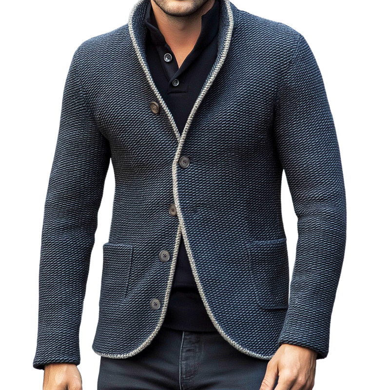Men's Retro Textured Navy Blue Button Jacket MTA0871I9U