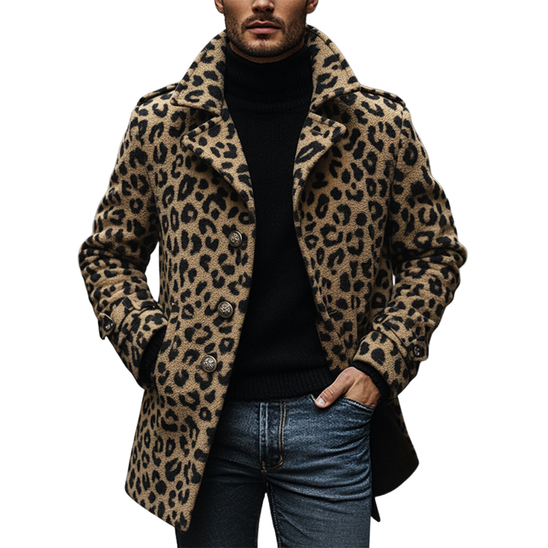 Men's Vintage Leopard Print Polar Fleece Lapel Mid-Length Coat MTA1382J8X