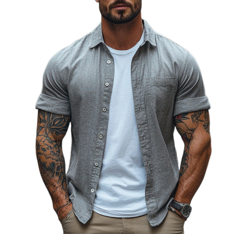 Men's Vintage Casual Linen Pocket Lapel Short Sleeve Shirt MTA2016E7TO