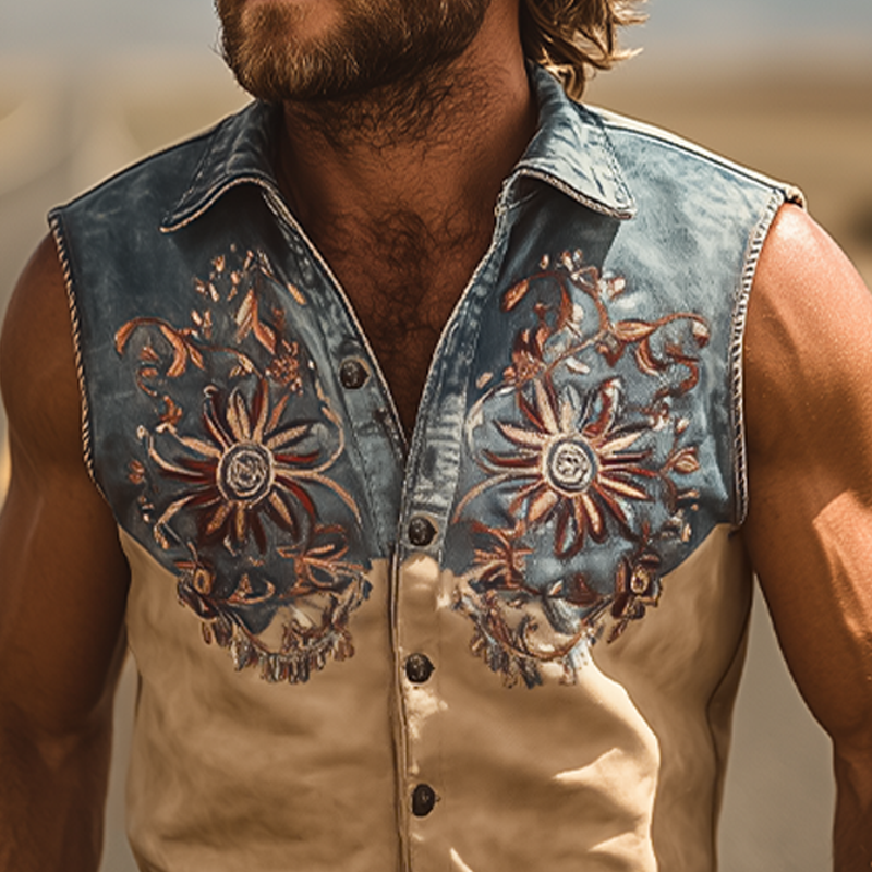 Men's Summer Fashion Retro Western Cowboy Style Denim Stitching Suede Embroidery Sleeveless Shirt MTA2859D1K