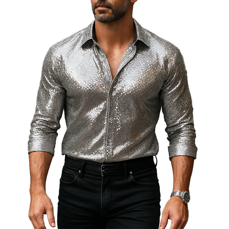 Men's Summer Fashion Sequin Polyester Long Sleeve Shirt MTA0542F4P