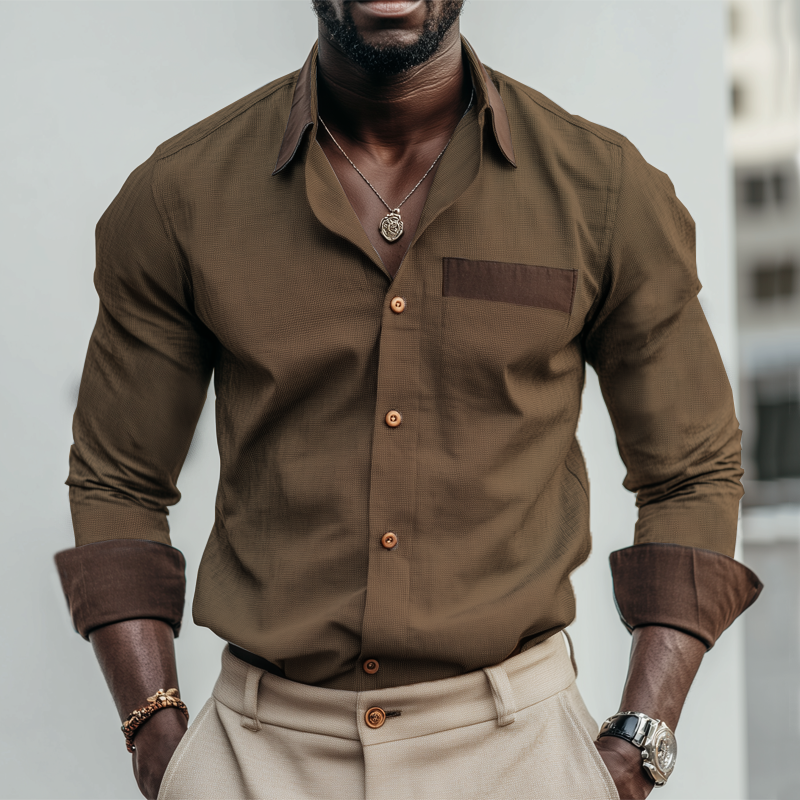 Men's Spring And Autumn Business Colorblock Long Sleeve Shirt MTA0274H9U