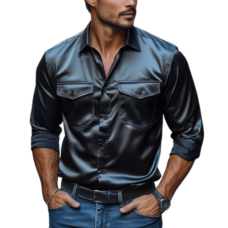 Men's Fashion Spring Summer Retro Casual Satin Long Sleeve Shirt 53682192K