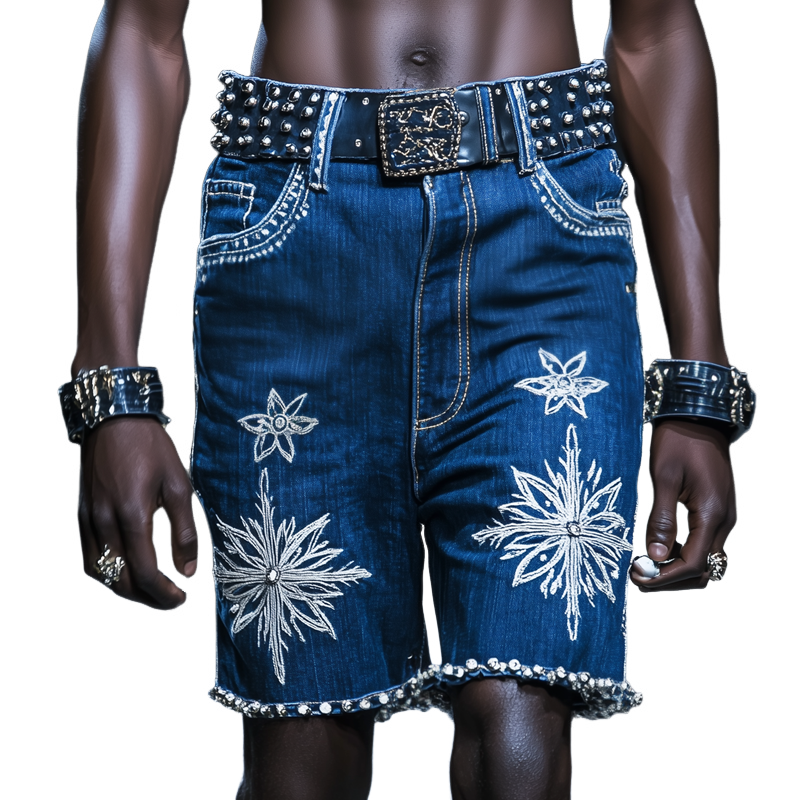 Men'S Fashion Embroidered Rhinestones Decor Straight Denim Shorts MTA0929E9Z