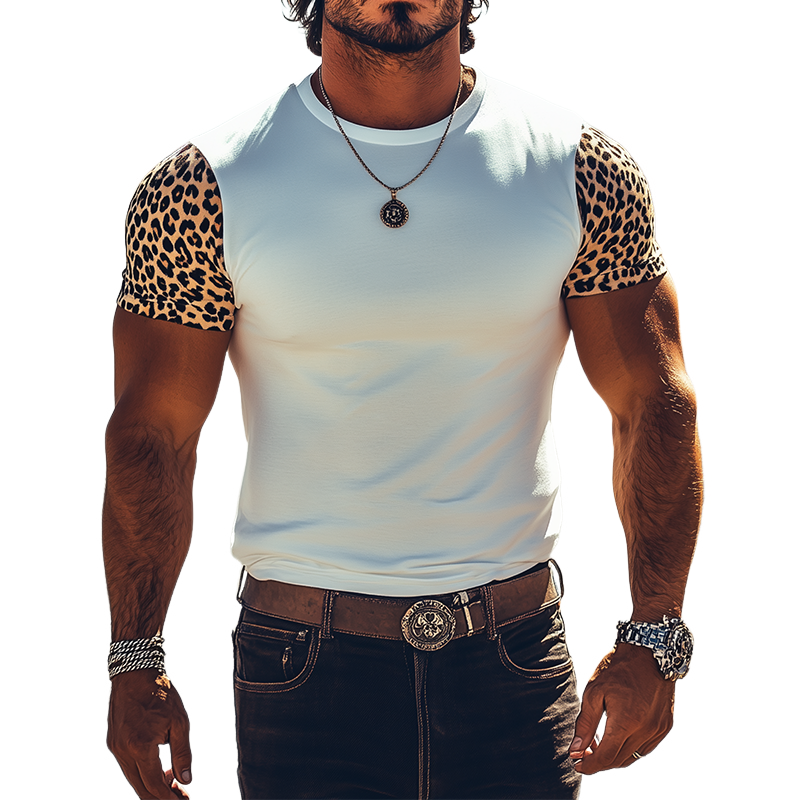 Herre vår- og sommer-T-skjorte i klassisk, fasjonabel vestlig stil med bomullsblanding og leopardmønster, slank, kortermet MTA0862E4K