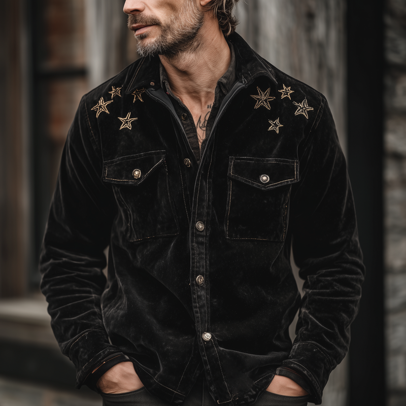 Men's Star Embroidered Faux Suede Lapel Long Sleeve Shirt MTA2784H1Z