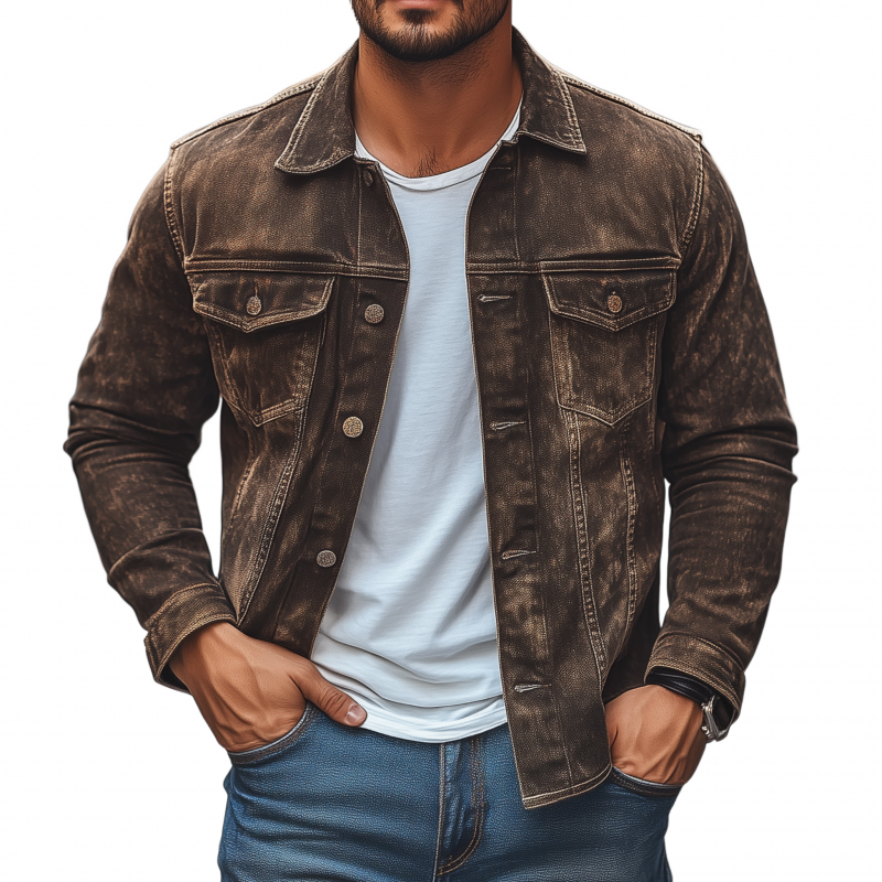 Men's Vintage Distressed Washed Denim Lapel Single-breasted Flap Chest Pocket Slim Fit Long-sleeved Shirt MTA1412H8M