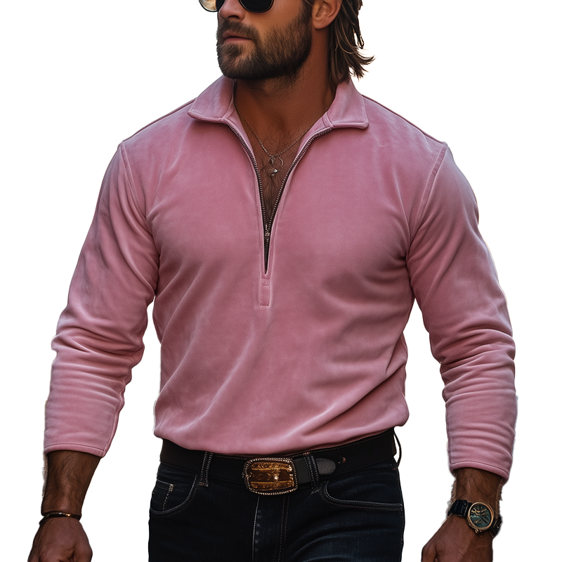 Men's Retro Minimalist Half-Zip Faux Suede T-Shirt MTA1180L7P