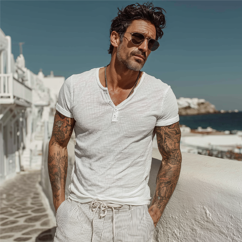 Men's Solid Color Knitted Striped Textured Henley Collar Short-Sleeved T-Shirt MTA2772F5X