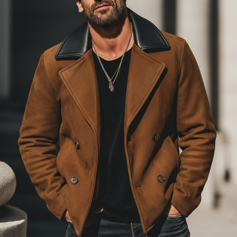 Men's Classic Suede And PU Leather Collar Double-breasted Jacket MTA1205K4U