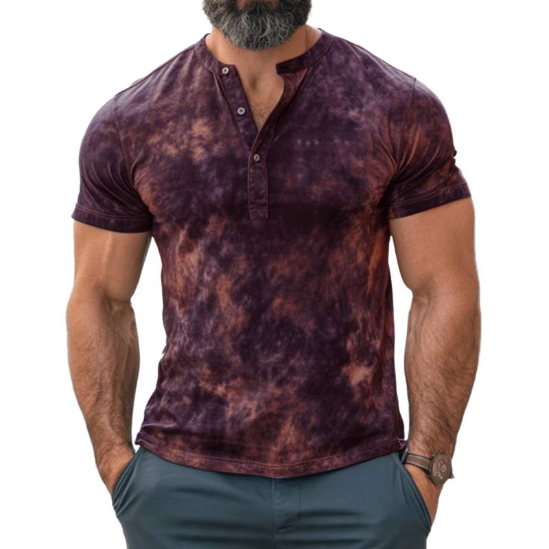 Herremote T-skjorte med tie-dye-trykk og henley-krage, slim fit og korte ermer MTA0395G1M