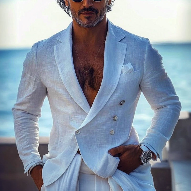 Men's Solid Color Thin Double-Breasted Cotton And Linen Blazer MTA0821E2X