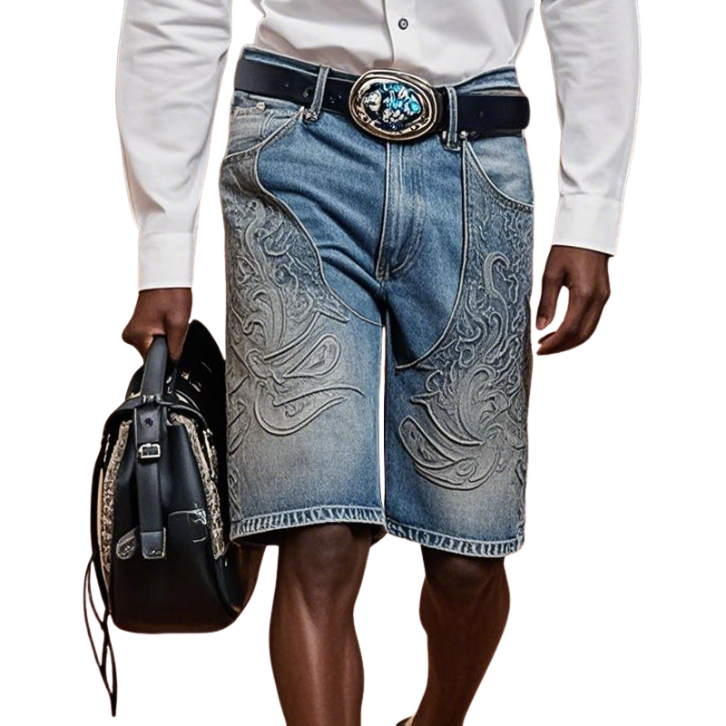 Men'S Fashion Retro Embroidered Straight Denim Shorts MTA0937E8Z