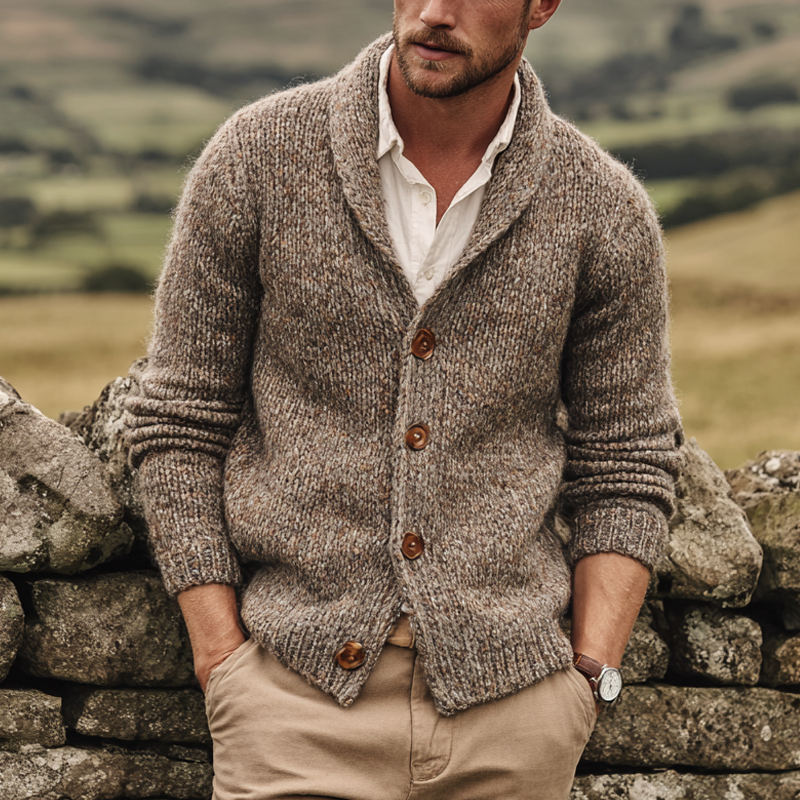 Men's Mixed Color Knit Shawl Collar Single Breasted Cardigan MTA0813I9Z