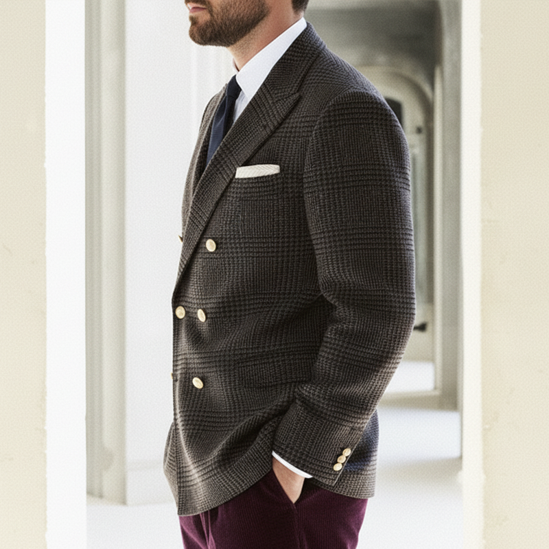 Men's Classic Plaid Faux Wool Double-breasted Single-vented Blazer MTZ0438A5U