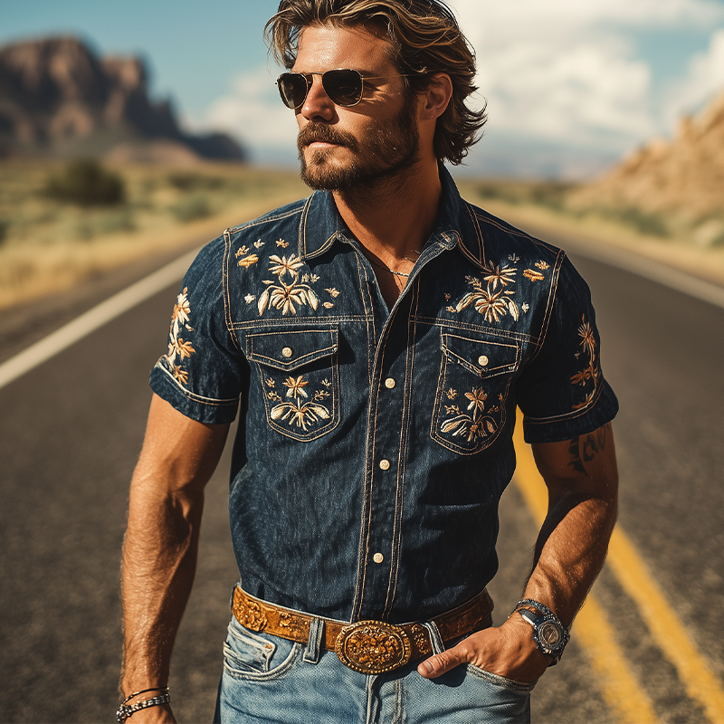 Men's Summer Fashion Classic Retro Western Cowboy Style Denim Embroidery Short Sleeve Shirt MTA2878D6K