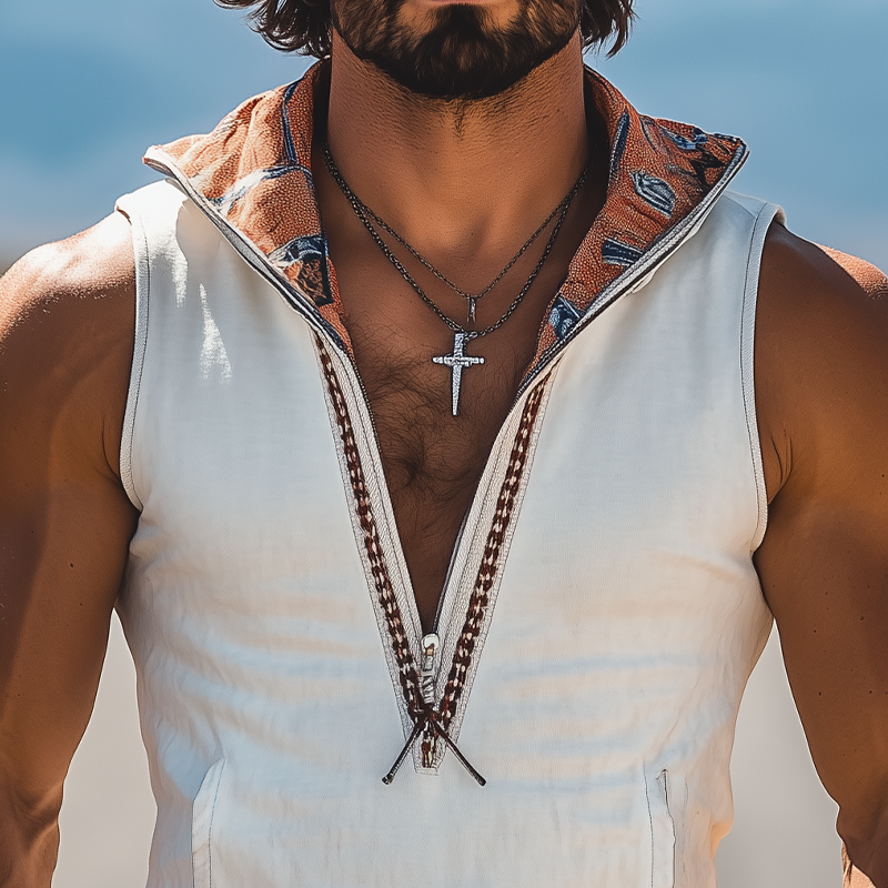 Men's Spring And Summer New Fashion Retro Western Cowboy Style Suede Hooded Printed Ribbon Deep V-Neck Tank Top MTA0956E8K
