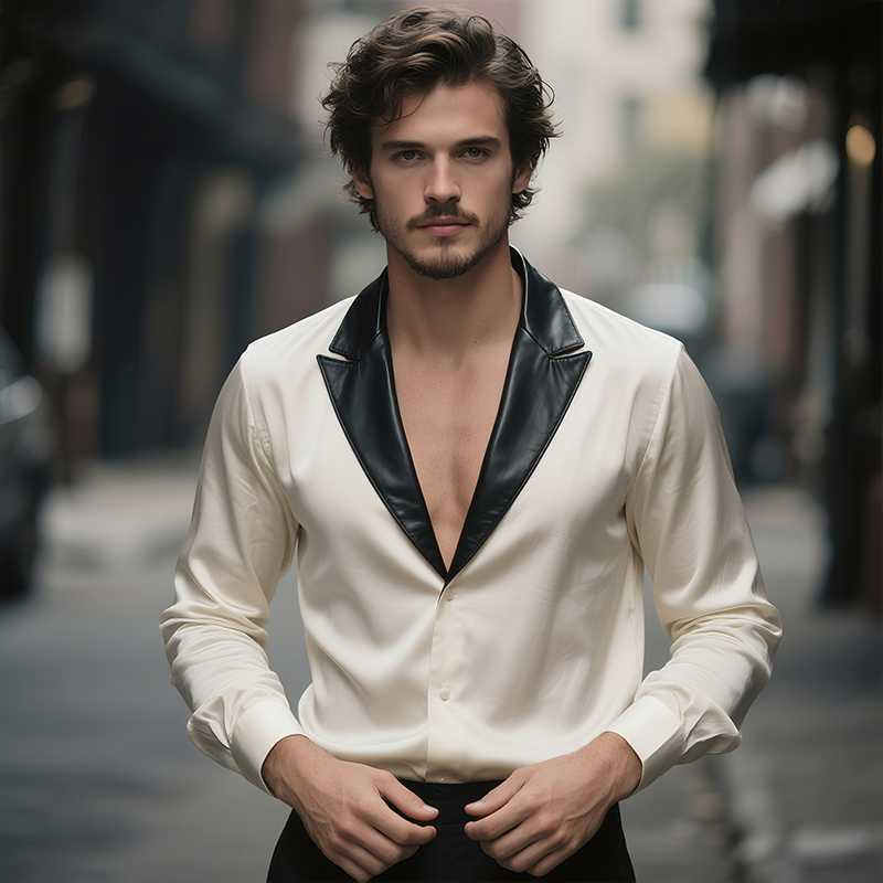 Men's Satin Casual Vintage Stitching Leather Lapel Long Sleeve Shirt MTA0731G2TO