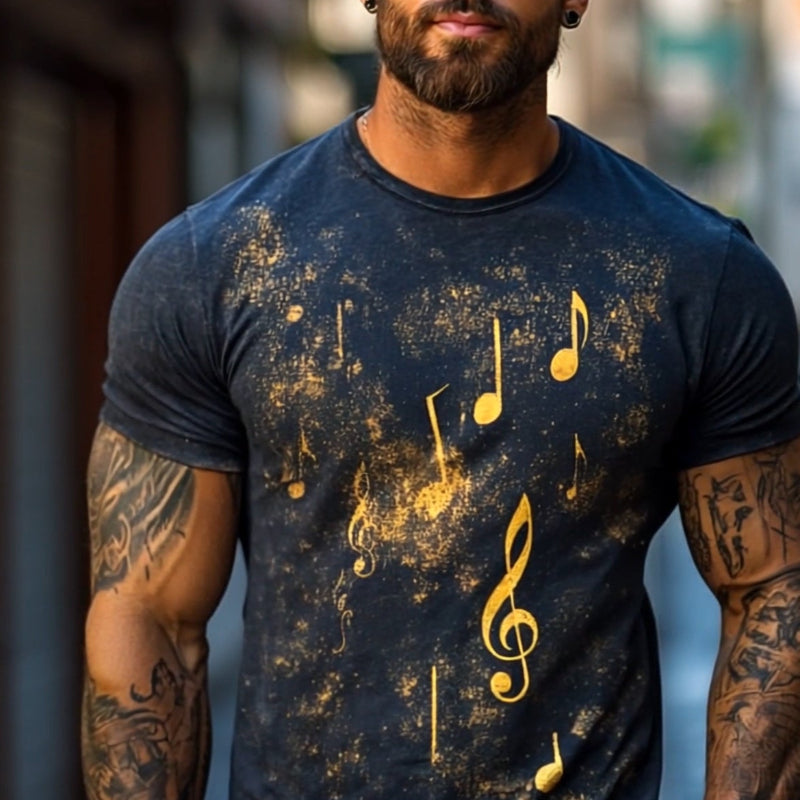 Men's Retro Casual Explosion Note Printed Round Neck Short Sleeve T-shirt MTA1570D9TO