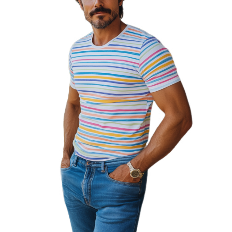 Men's Casual Round Neck Contrast Striped Slim Fit Cotton Short sleeve T-shirt 46015919K