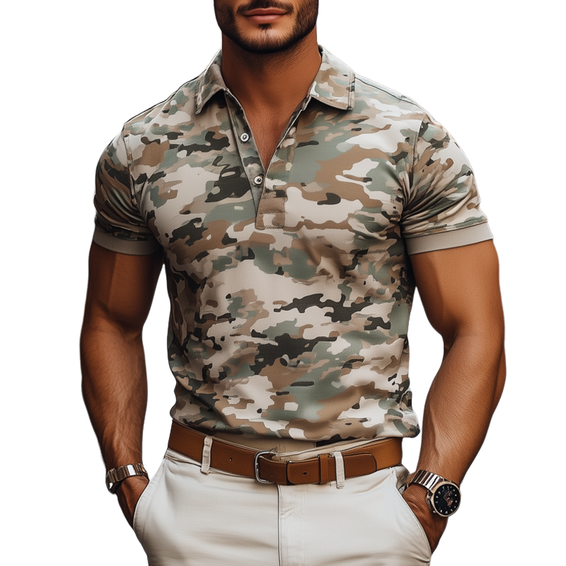 Men's Camo Lapel Short Sleeve Casual Polo Shirt MTA1489E1Z