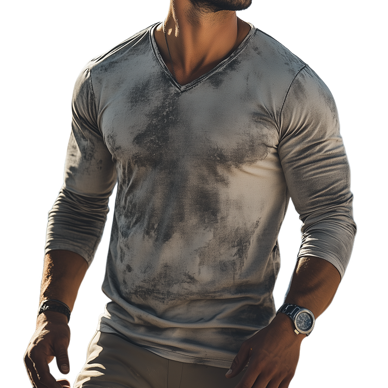 Men's Retro Casual Scratch Print V-Neck Long Sleeve T-Shirt MTA3089G8TO