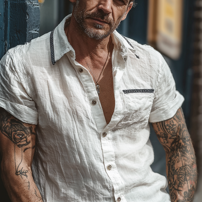 Men's Cotton And Linen Casual Short-Sleeved Lapel Shirt MTA0358G6X