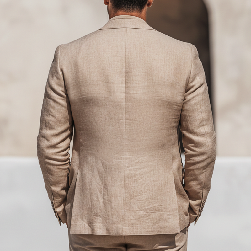 Men's Classic Khaki Cotton Linen Double-button Double-vent Blazer MTZ1380B0U