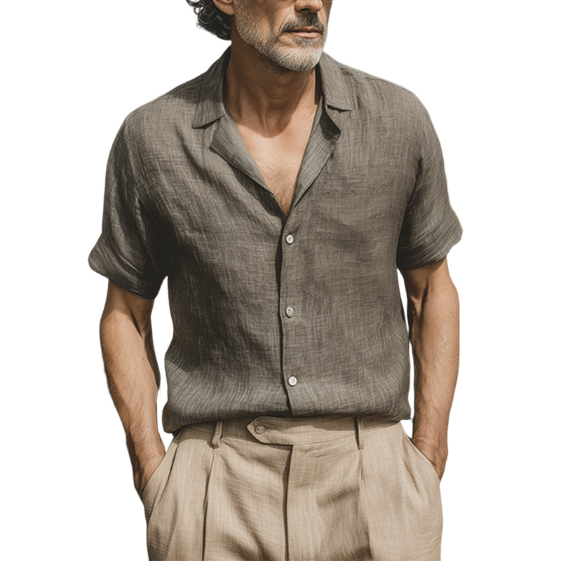 Men's Spring And Summer Classic Casual Cotton And Linen Mixed Color Texture Breathable Short-sleeved Shirt MTA1126G5K