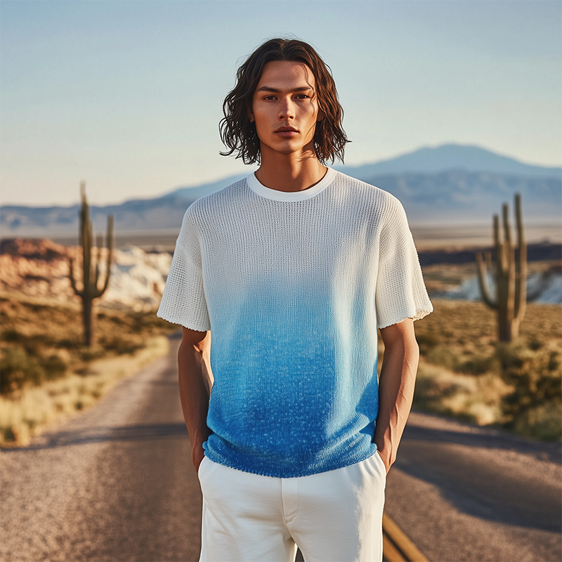 Men's Spring And Summer Fashion Casual Knitted Gradient Hanging Dye Round Neck Short-sleeved T-shirt MTA3043F7K