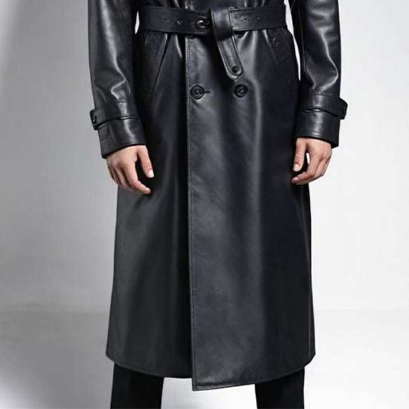 Men's Vintage Classic Knee Length Double Breasted Leather Trench Coat 11503725K