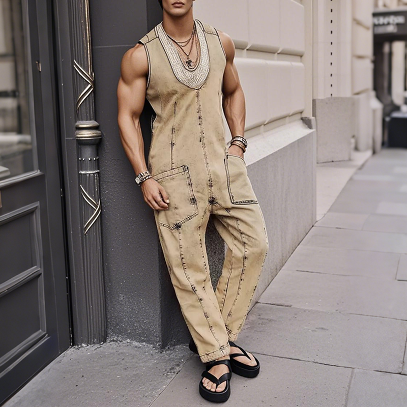 Men's Fashion Distressed U Neck Sleeveless Cargo Jumpsuit MTA1595E2Z