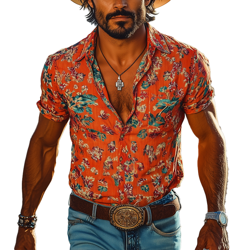 Men's Floral Print Cotton Blend Short Sleeve Shirt MTA2946G8P