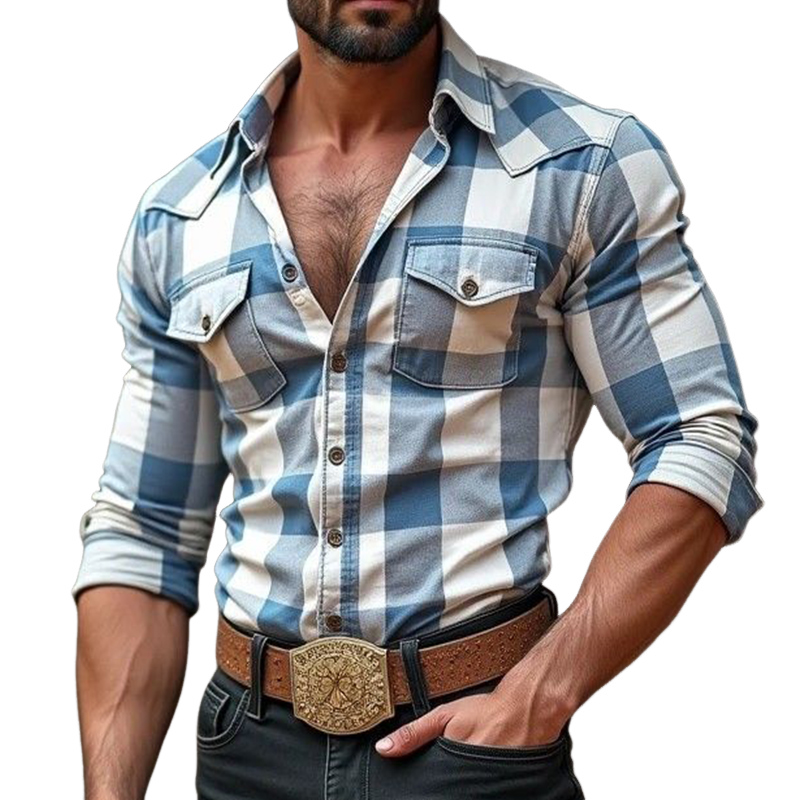 Men's Vintage Casual Western Plaid Pocket Lapel Long Sleeve Shirt 36328613TO