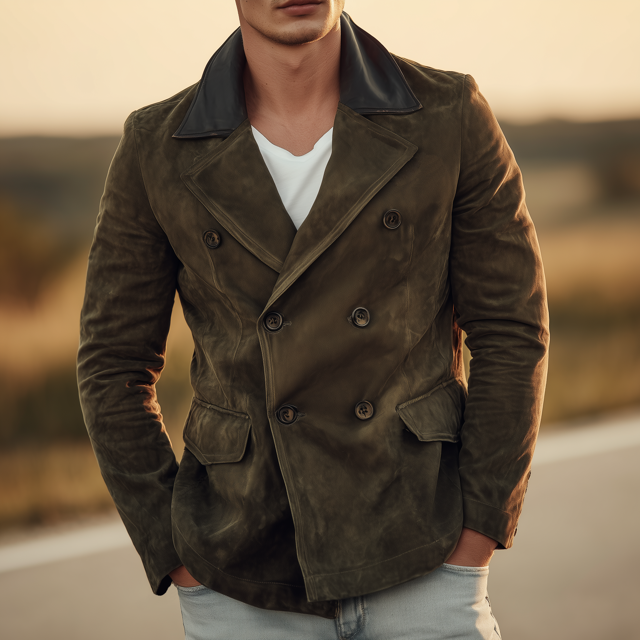 Men's Classic Retro Lapel PU Leather Double-breasted Suede Jacket MTA0269I4K
