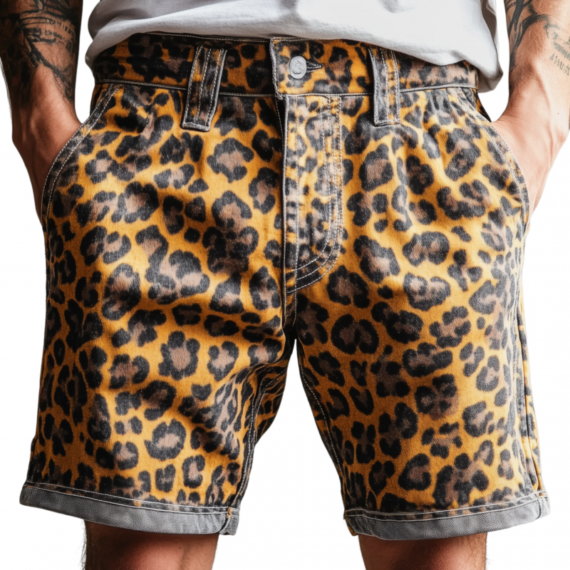 Men's Fashion Street Color Block Leopard Print Loose Cargo Shorts MTA1664F2M