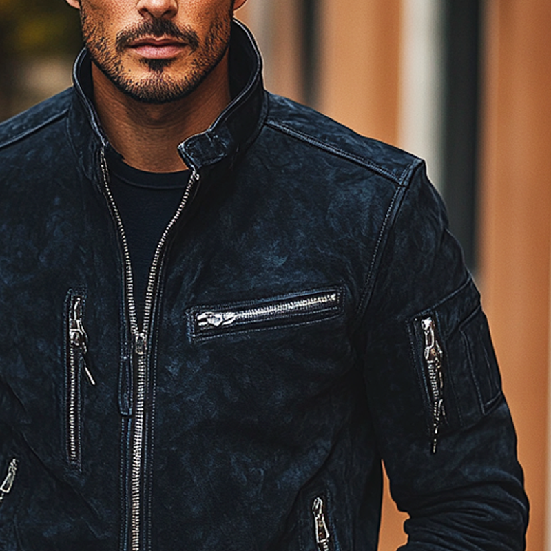 Men's Retro Solid Color Stand Collar Zipper Faux Suede Jacket MTA0570K1X