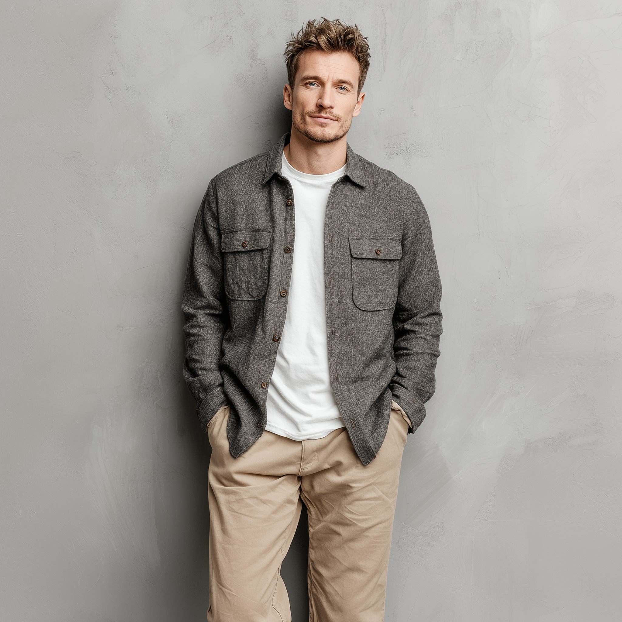 Men's Classic Casual Cotton And Linen Blended Color Textured Pocket Long Sleeve Shirt MTA2894G7K