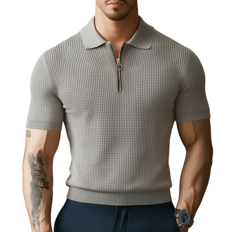 Men's Summer Business Textured Knitted Zip-Neck T-Shirt MTA1389E5U