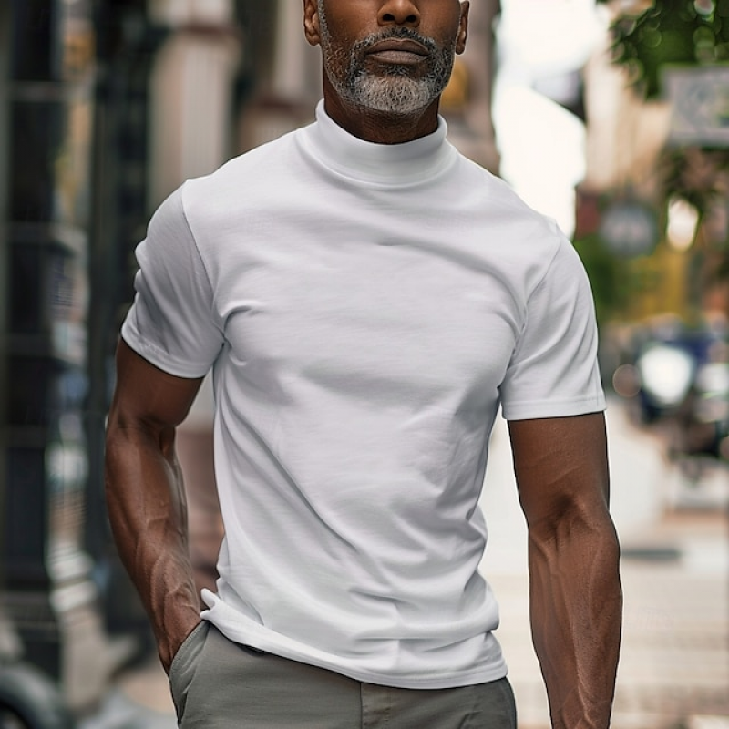 Men's Solid Color High Collar Short Sleeve T-shirt MTA0705E3Z