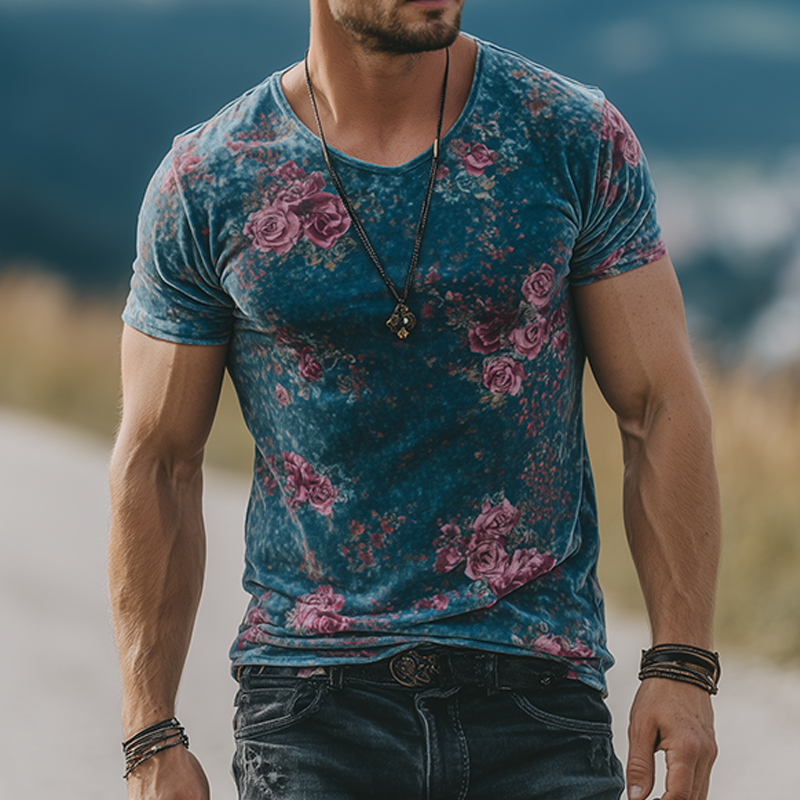 Men's Retro Casual Rose Print Velvet Round Neck Short Sleeve T-Shirt MTA1052G2TO
