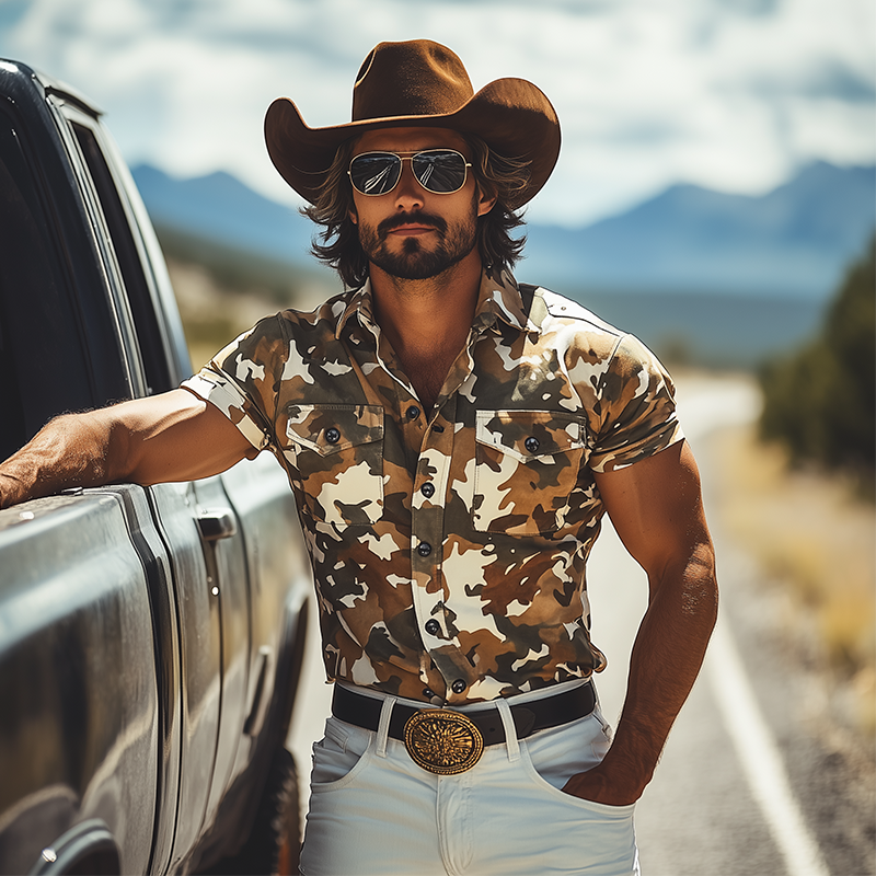 Men's Fashion Casual Western Tough Style Lapel Thin Suede Camouflage Print Slim Short-sleeved Shirt MTA1267F1K