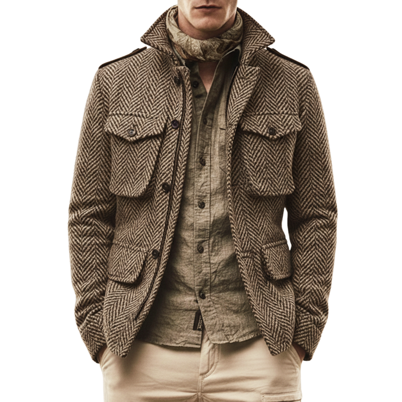 Men's Classic Vintage Khaki Herringbone Faux Wool Jacket MTA2729J4U